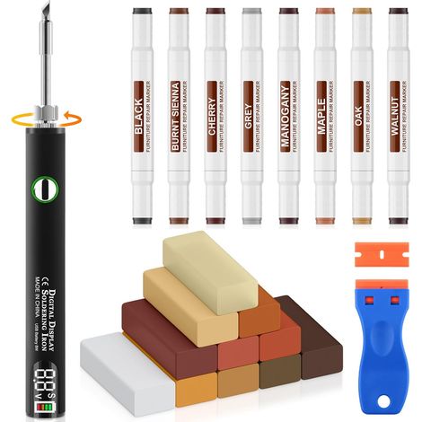 Kit Réparation Laminé, Parquet Vinyle, Mastic Bois, Outil Fusion, 11 Couleurs Cire Dure, 8 Marqueurs Double Pointe. Répare Rayures, Fissures, Trous, Bosses Sur Meubles, Sols, Plans De Travail (1/5)