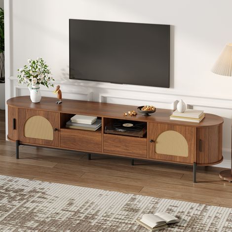 Meuble TV ovale en rotin, portes coulissantes, tiroirs et étagères, aspect bois, pieds métalliques, rangement multifonction pour salon, armoire TV élégante (1/5)