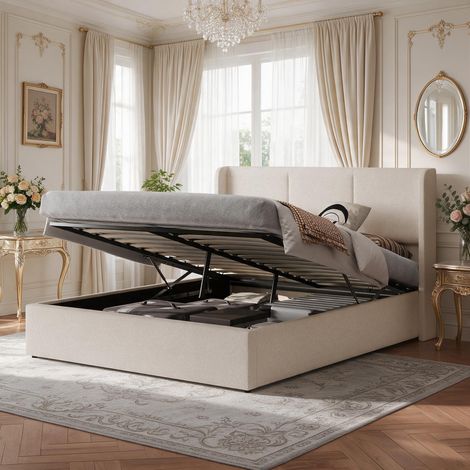 Lit double capitonné 160 x 200 cm avec sommier, lit coffre hydraulique avec tête de lit rembourrée et rangement, lin beige (1/5)