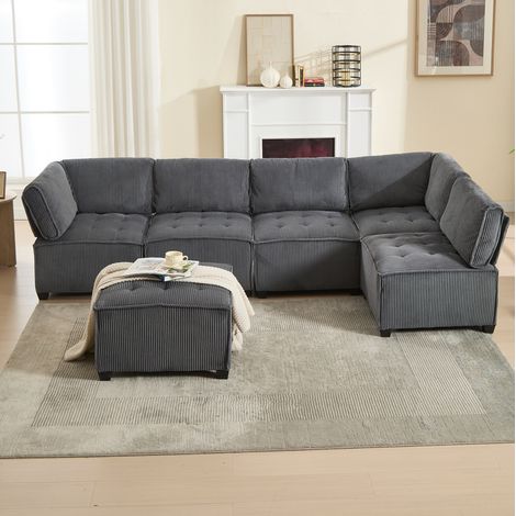 Divano modulare 6 posti 308/154/81,99 cm grigio in velluto a coste, configurabile con tasche laterali (1/5)