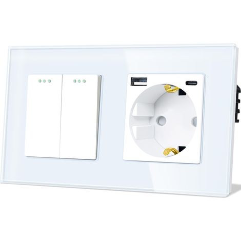 Interrupteur à bascule avec prise 2 compartiments, 1 voie, plaque en verre, interrupteur encastré avec prise Schuko (maximum 20 W) USB et type C, blanc, 86 x 157 mm (1/5)