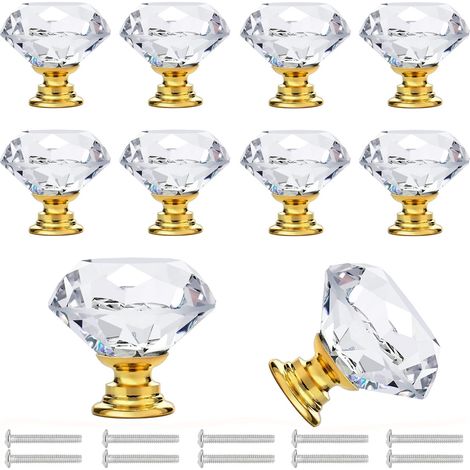 10 Pièces Bouton de Meuble Cristal, ransparente Poignées Boutons Poignée Meuble de Porte Dorée, Bouton de Tiroir en Verre Cristal, Bouton de Porte pour Placard Meuble Tiroir (1/5)