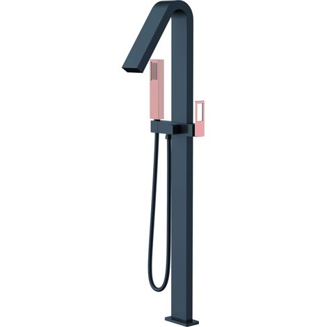 IMEX Miscelatore vasca-doccia a pavimento in ottone nero opaco e acciaio manopola e maniglia nero oro rosa cartuccia ceramica Ø35mm tubo PVC e scatola registrazione a pavimento - modello Imex-BBEC3 (1/2)