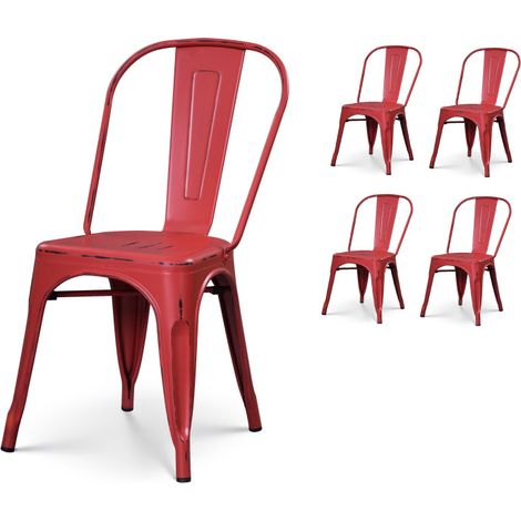 Set di 4 sedie in metallo rosso opaco in stile industriale - effetto invecchiato