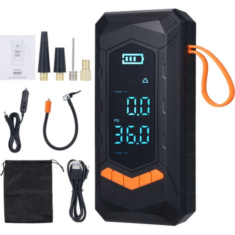Compresseur d'Air Portable Sans Fil 5400mAh Écran LCD Modes Préréglés Voiture Moto Vélo Lampe LED SOS Power Bank Intégré (1/4)