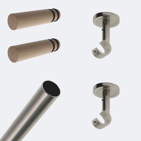 Kit de tringle à rideaux Nickel Mat 150cm Diam.20mm Embout Cylindre Bois - Fixation Plafond - Boulet (1/3)