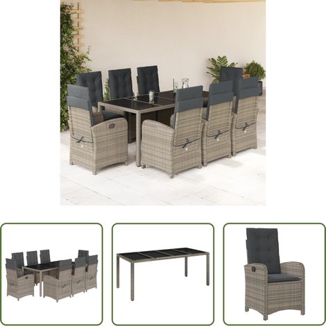 vidaXL Gartenessgruppe - 9-tlg. Garten-Essgruppe mit Kissen Grau Poly Rattan (1/5)