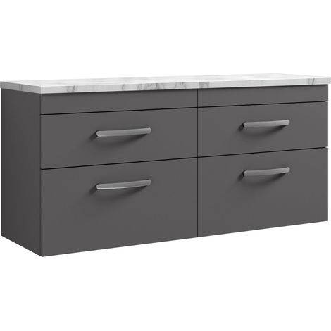 Millwich Contemporary 4 Drawer Wall Hung Vanity Unit with Laminate Carrara Marble Worktop, Gloss Grey, 1200mm