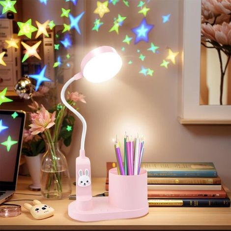 Lámpara de escritorio infantil，lámpara de noche LED regulable，lámpara de lectura con proyector y portalápices，recargable (1/5)