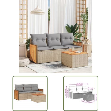 The Living Store Salon de jardin avec coussins 4 pcs beige résine tressée - Ensemble Salon De Jardin - Meuble Extérieur - Jardin Design - Mobilier De Jardin - Chaise Longue (1/3)