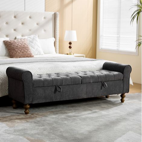 Moderner Sitzbank mit Stauraum, 2 Deckel, Chenille Charcoal, 156 x 46 x 51 cm, Holzbeine (1/5)
