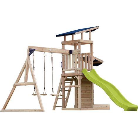 Axi Malik Aire De Jeux En Bois Avec 2 Balançoires, Toboggan Jaune/ Aire De Jeux Extérieur, Bac À Sable, Mûr De Jeux/Toboggan Avec Raccordement À Eau  Portique Balançoire/Jeux En Bois Extérieur