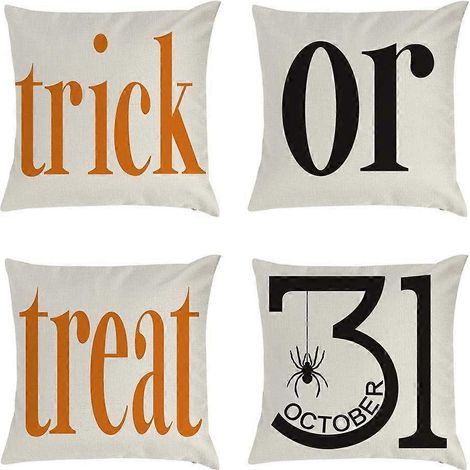 Housses de coussin décoratives d'Halloween 45 x 45 cm, lot de 4, orange et noir, motif « Farce ou friandise », double face, pour l'extérieur, style ferme ou Halloween. (1/5)