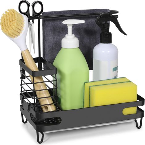 Rangement Evier Cuisine 4 in 1 Organisateur de Cuisine avec Bac de Vidange Amovible et 2 Crochets Rangement Evier Cuisine en Acier Inoxydable pour Cuisine,Salle de Bain,Eponges, Chiffons Noir (1/5)