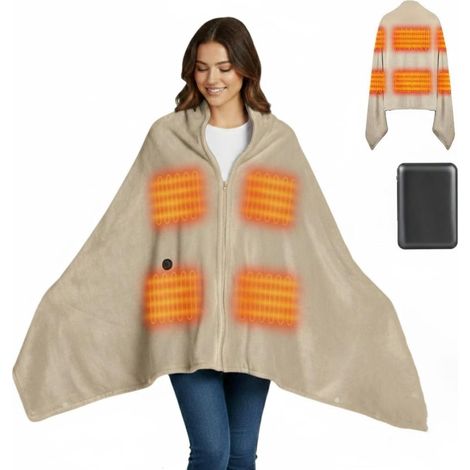 Couverture Chauffante USB sans Fil 160x90 cm - Polaire Plaid Électrique Rechargeable à Batterie 10000mAh, 3 Niveaux de Chaleur, Portable pour Camping, Extérieur, Voiture, Bureau(Kaki) (1/5)