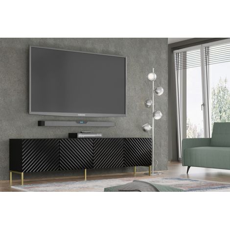 Mueble de TV SURF 200 cm 4D fresado lacado negro brillo + patas doradas