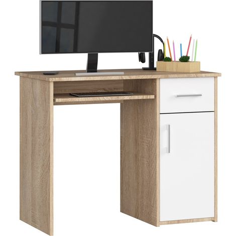 Bureau d'ordinateur AKORD PIN Chêne Sonoma 90 cm 1 porte 1 tiroir façade Blanche 3 étagères 90x50x74 cm (1/5)