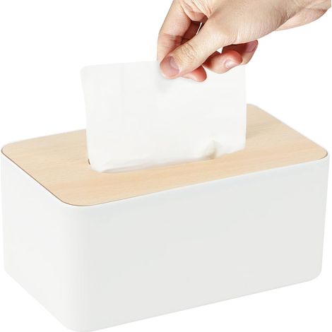 Caja de pañuelos blanca con tapa de bambú, dispensador para baño, dormitorio y coche.