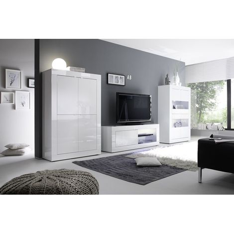 OTELLO - Ensemble Salon avec Vitrine 4 Portes Finition Blanc Laqué Weiss avec Leds (1/5)