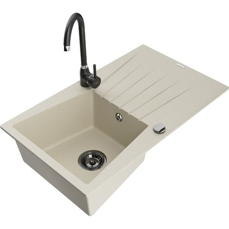 Mexen Cesar évier en granit 1 bac avec égouttoir et robinet de cuisine Telma, beige - 6514-69-670200-70 (1/5)