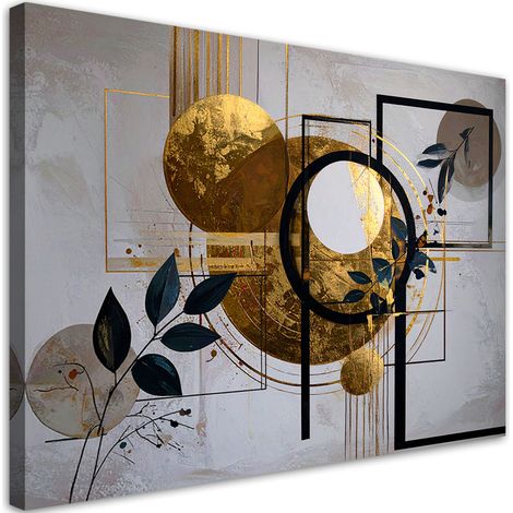 Toile Imprimée, Formes abstraites cercles et feuilles dorés,30x20 (1/4)