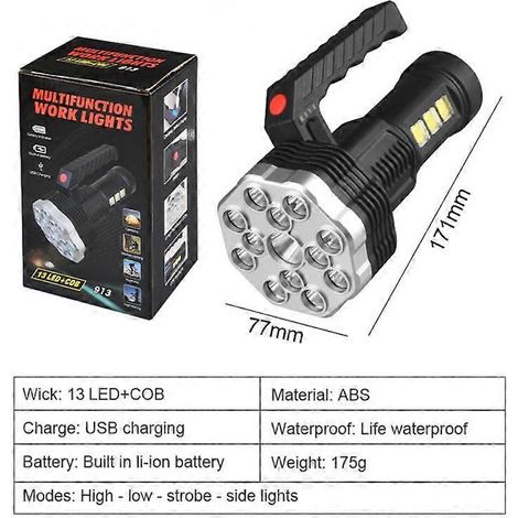 Lampe torche LED puissante 2022, 13 LED rechargeables avec éclairage latéral COB, ultra-lumineuse et étanche, idéale pour le camping et la randonnée.