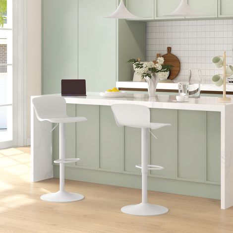 Lot de 2 tabourets de bar, chaises de bar réglable en hauteur, dossier et repose-pieds, blanc, 38,5x40x76,5-97,5cm