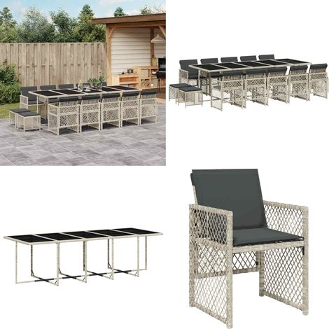 15-tlg. Garten-Essgruppe mit Kissen Hellgrau Poly Rattan - Gartengruppe - Esstisch - Gartenstühle - Gartenhocker - PE-Rattan - Home & Living