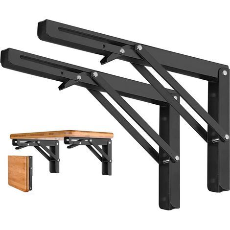Lot de 2 Equerre Etagere 250mm, Support Console Pliable, Acier Inoxydable Equerre Rabattable Murale, 50KG/110lbs Porteur Noir (1/5)