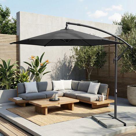 Parasol de 300 cm de Diamètre, avec Socle, Manivelle d’Ouverture et de Fermeture, Gris (1/5)
