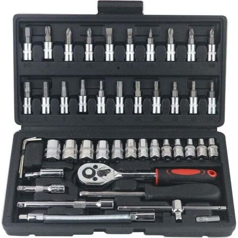 Jeu de 46 clés à cliquet à douille 1/4 pouce avec douilles métriques et rallonge pour réparation automobile et ménage (noir)