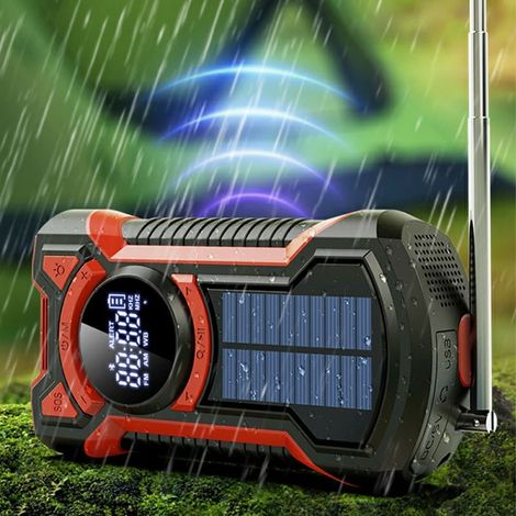 Radio d'urgence avec manivelle, cellule solaire, batterie externe de 5000 mAh, Bluetooth, AM/FM, SOS et lampe torche. (1/5)
