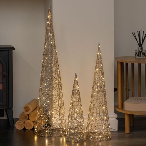 3 Gold Light Up Gold Christmas Cones Decorations with 120 LEDs (1/5)