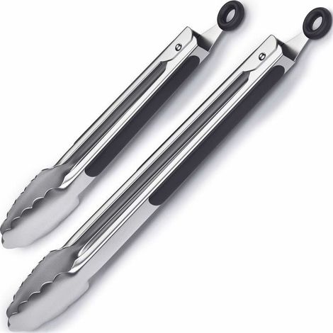 Barbecue Tongs, Kitchen Tongs in Stainless Steel and Heat-Resistant Silicone, Set of 2 (1/4)