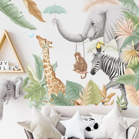 Stickers Muraux Animaux de la Jungle Autocollant Mural Safari Girafe Éléphant Décoration Murale Chambre Enfants Bébé Pépinière Salon-Ywey