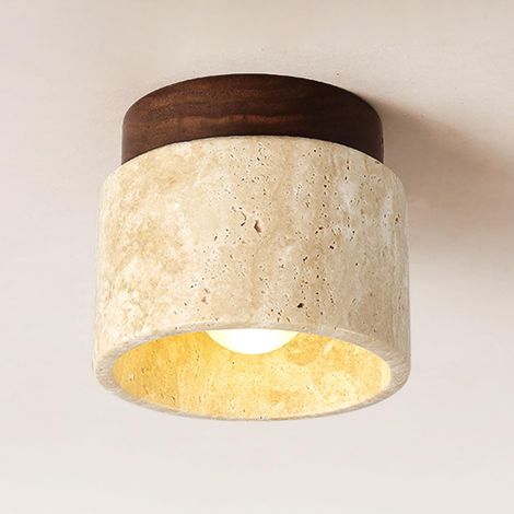 Wabi-Sabi-Deckenleuchte, 12 cm (4,7 Zoll) japanische Deckenleuchte aus gelbem Travertin mit Steinschirm und Holzplatte, Mid-Century-Stil, geeignet für Flur, Eingangsbereich und Diele, E26-Fassung (1/5)