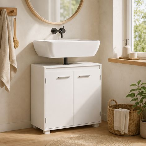 Meuble vasque, meuble de salle de bain moderne autoportant avec découpe en U, étagère réglable, blanc (1/5)