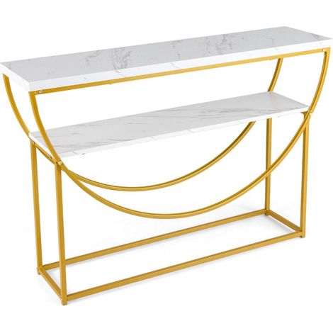 Tavolo consolle con piano in finto marmo, 2 ripiani, 120x30x80,5 cm