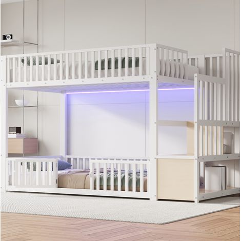 Lit superposé bas en métal et MDF blanc 90x200 cm, avec LED, échelle de rangement et barrières de sécurité (1/5)