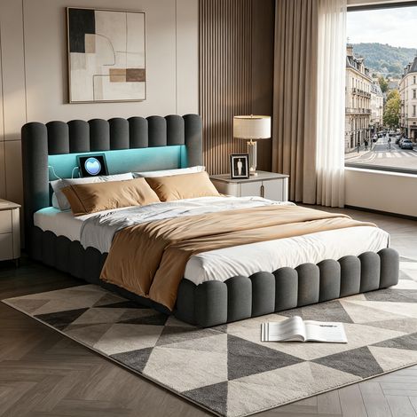 Lit Coffre 180x200 cm, Cadre de Lit avec Tête de Lit LED RGB et Prises USB, Sommier à Lattes, Rangement Élevateur, Lin, Gris (1/5)