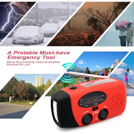 Filiyano – lampe torche solaire et – Radio à manivelle 2000 MAH avec lampe torche solaire et batterie externe rouge (1/5)