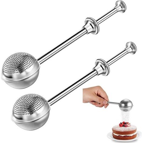 Colador de té, 2 piezas, paño para harina para hornear, salero de chocolate en polvo, salero de azúcar glas, acero inoxidable, salero, para preparar té, plateado (1/5)