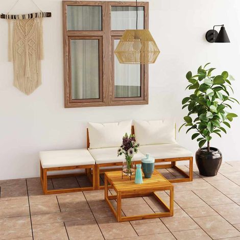 Salon de jardin 4 pcs Ensemble Table et Chaise de Jardin - avec coussin Crème Bois d'acacia solide BV902605 - BonneVie (1/5)