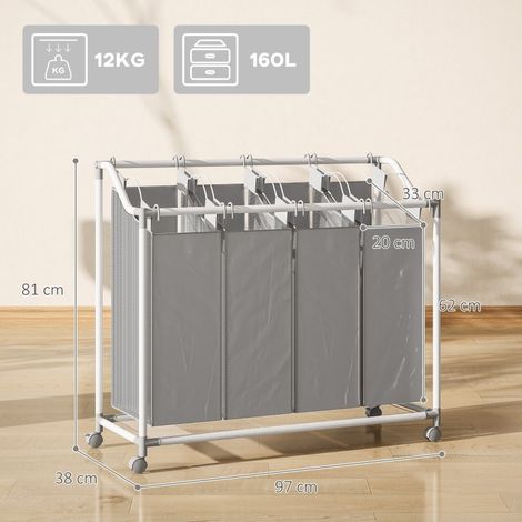 Panier à linge 4 bacs roulant, 160 litres, sacs amovibles inclus, 97x38x81 cm, gris, tri du linge facile (1/5)