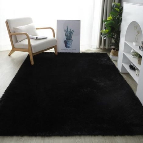 Tapis Salon - Peluche Shaggy 120x160 cm - Tapis Chambre Antidérapant - Tapis Sol Rectangle Noir - 1 Pièce (1/3)