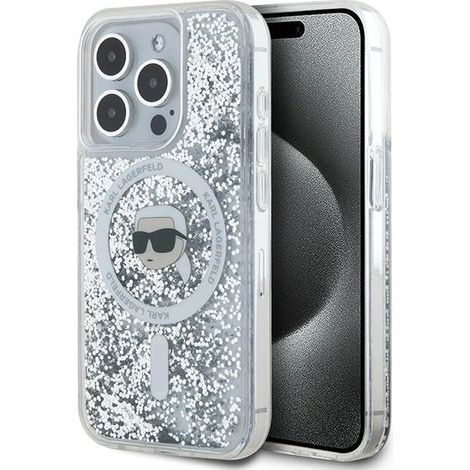 Coque rigide transparente à paillettes liquides Karl Lagerfeld KLHMP15LLGKISGH pour iPhone 15 Pro 6,1 pouces, motif tête de Karl, compatible MagSafe. (1/5)