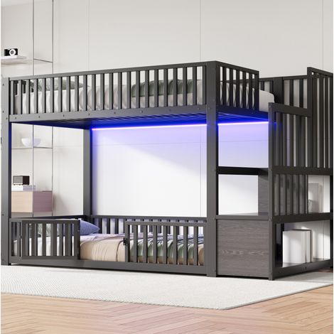 Litera baja de metal negro y MDF, 90x200 cm, con iluminación LED y escalera de almacenamiento. (1/5)