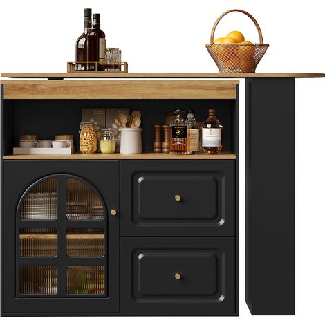 Bar pivotant à 360°, simple et moderne, adapté à la chambre, au salon et à la salle à manger, 2 tiroirs, étagère à snacks, compartiment ouvert, buffet pivotant avec étagères et porte en verre cintré, (1/5)