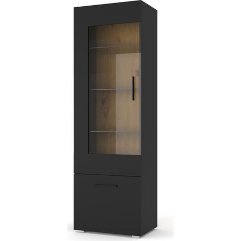 Vitrine debout ANETTE O 190 cm avec verre noir mat/chêne artisan (1/5)