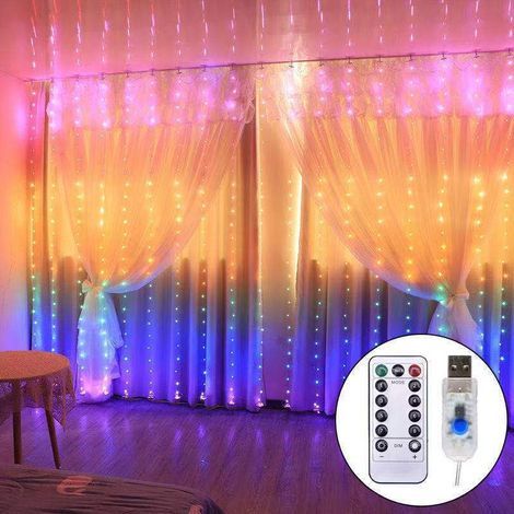Suspendus Fenêtre Rideau Lumières 3m × 2.8m USB 280 LED Guirlande Lumineuse Avec 8 Modes Télécommande Minuterie Chambre Fête De Mariage Intérieur Extérieur Décoration (Multicolore) (1/5)